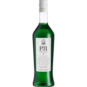 Bouteille en verre avec liquide vert et étiquette blanche