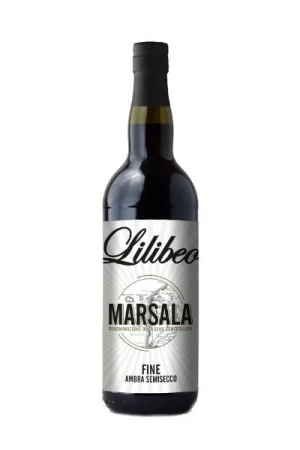 Bouteille en verre noir avec étiquette blanche écriture Marsala dessus