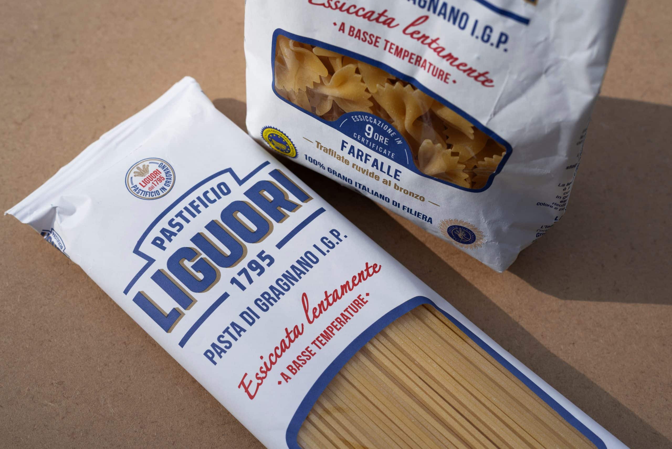 Deux sachets de pâtes de la marque Liguori annoncés comme "IGP