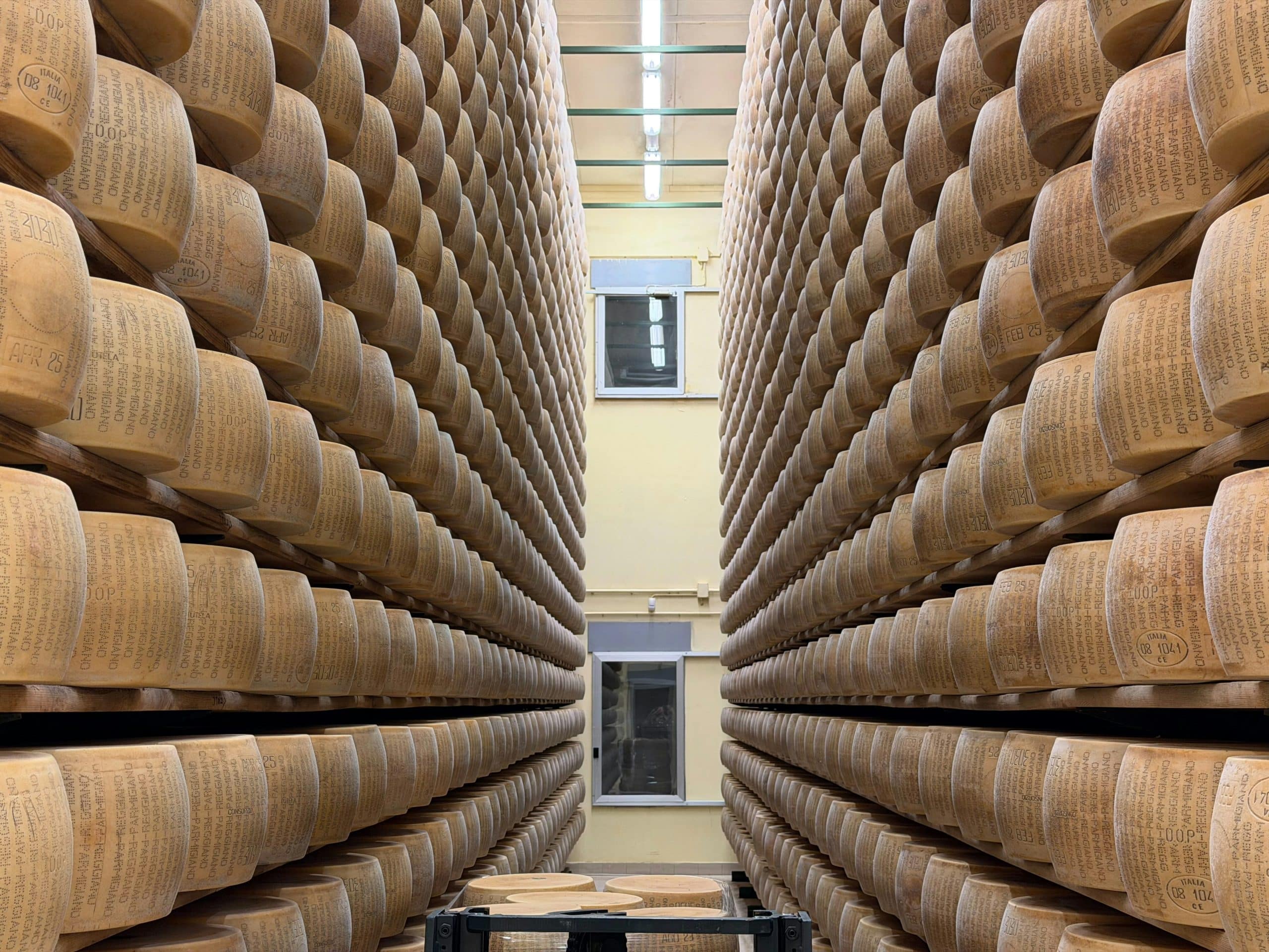Un entrepôt avec des tomes de parmesan en grande quantité